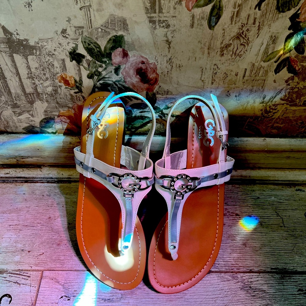 GUESS GBG white and silver sandals.